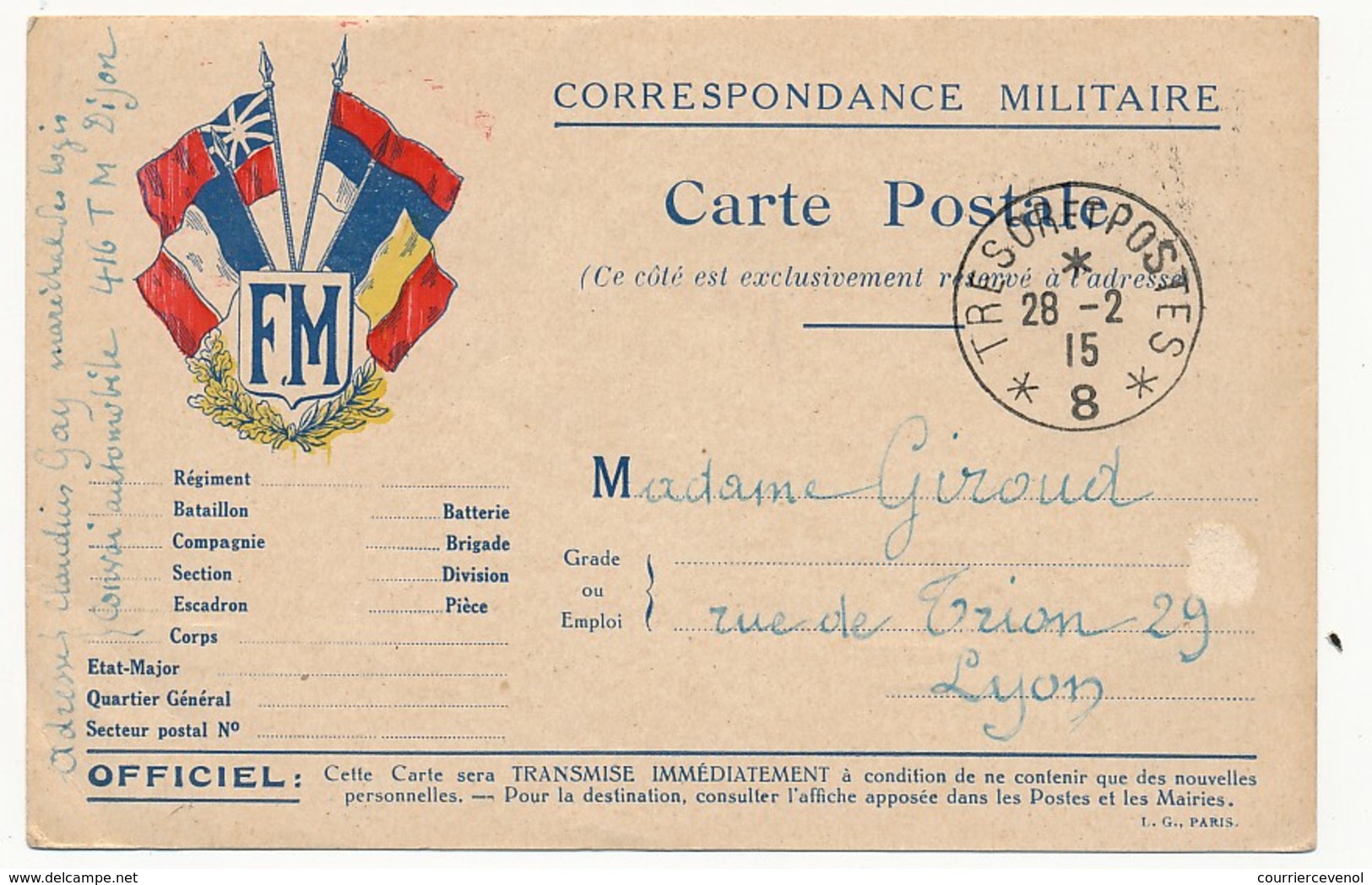 CPFM D'édition Privée - 4 Drapeaux - Oblit Trésor Et Postes 8 - 1915 - Covers & Documents