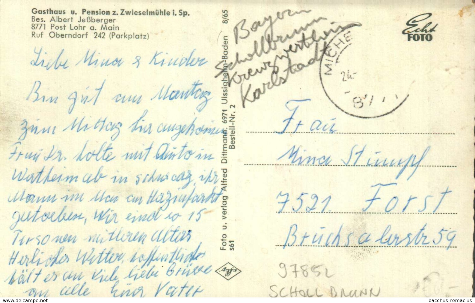 Gruss Aus Der ZWIESELMÜHLE Im HASLOCHTAL/SPESSART - Gasthaus U.Pension Bes.Albert Jessberger - Karlstadt