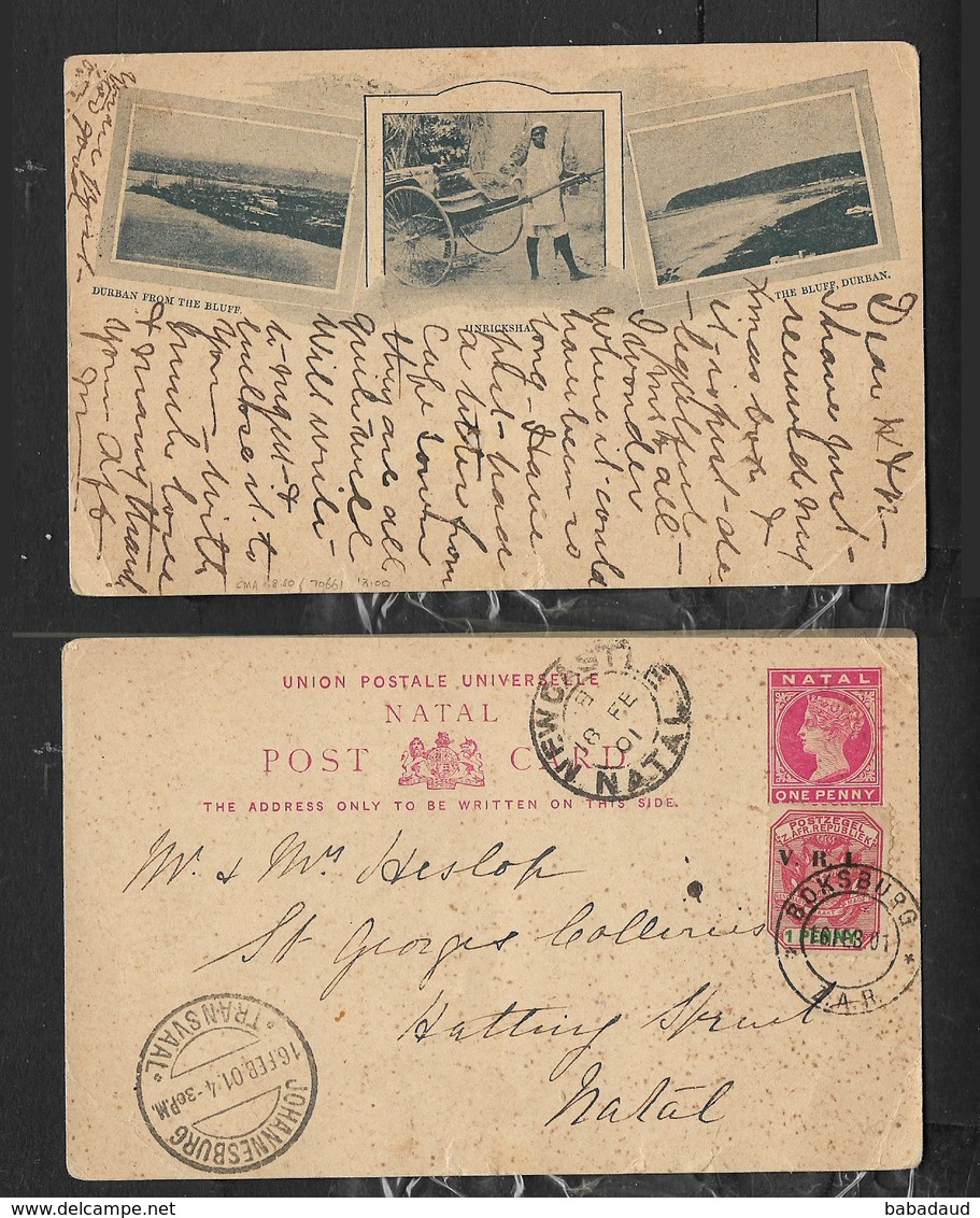 S.Africa, Natal.pictorial Postal Card, 1d, VRI 1d Stamp, BOKSBURG 16 FEB 01 > NEWCASTLE NATAL. JOHANNESBURG Transit - Transvaal (1870-1909)