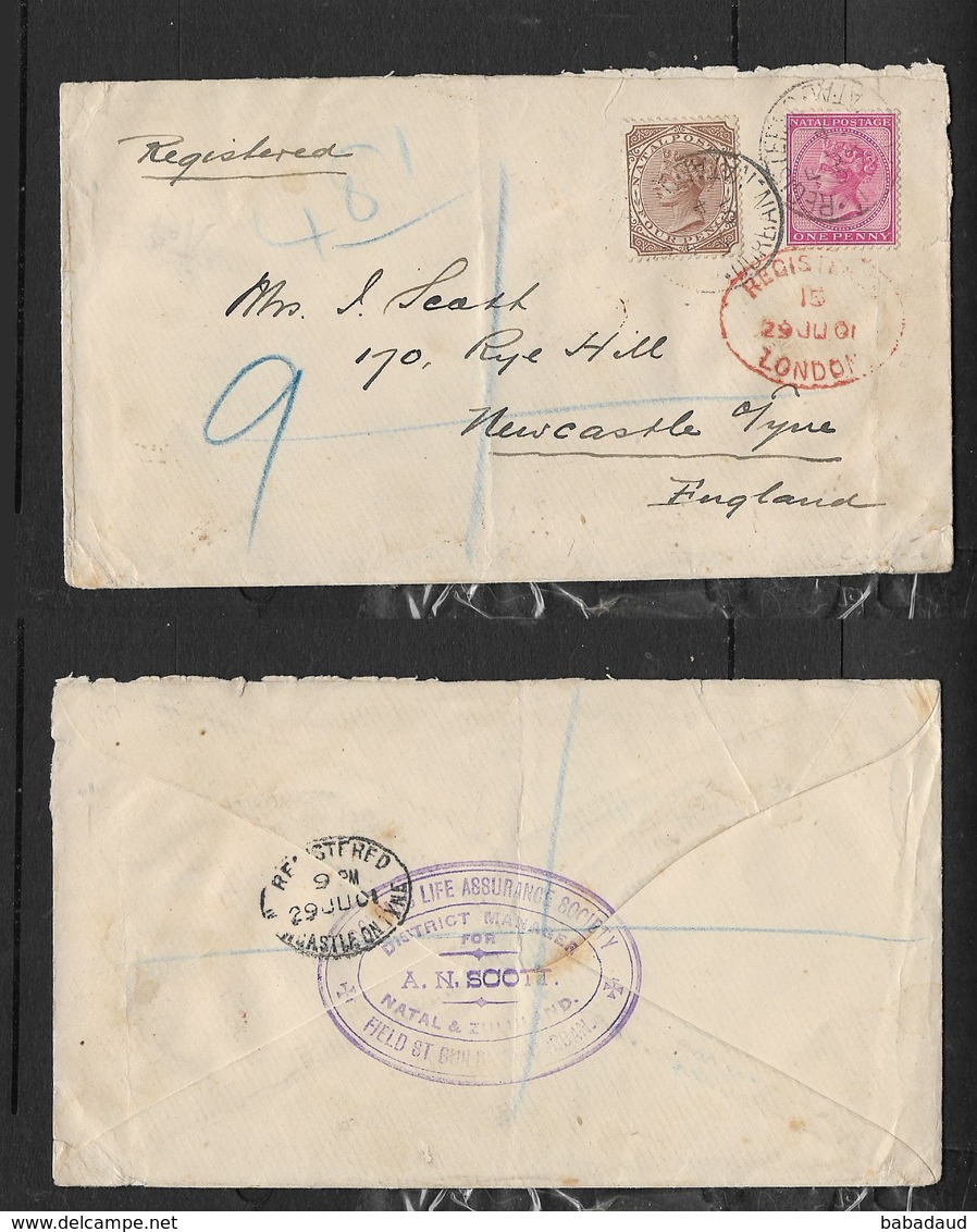 S.Africa, Natal. Registered Cover, 5d, REGISTERED DURBAN NATAL JU4 01 > NEWCASTLE ON TYNE, LONDON Transit - Natal (1857-1909)