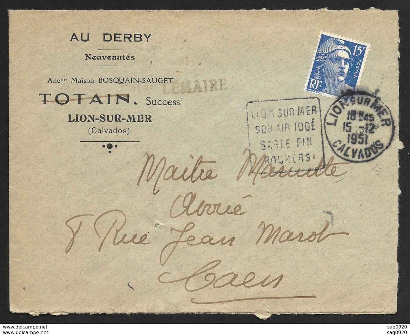 Calvados-Enveloppe Avec Cachet Daguin De Lion Sur Mer - 1921-1960: Moderne