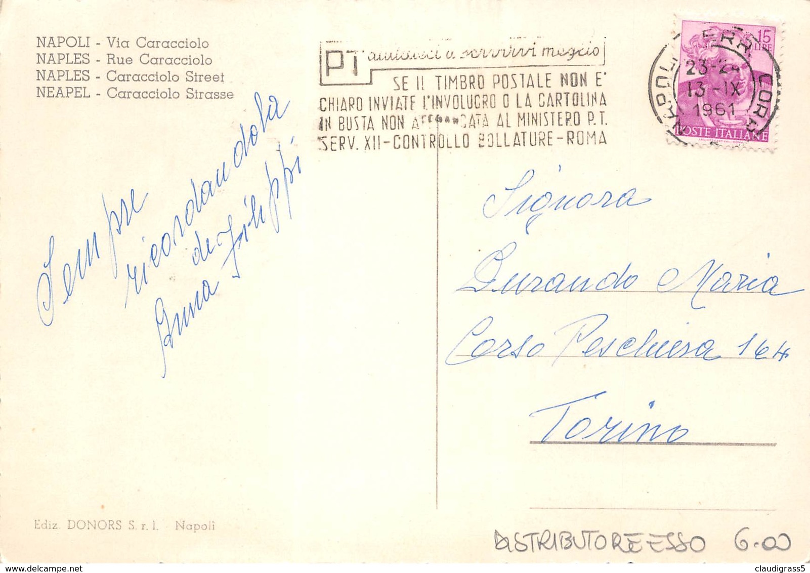 0706 "NAPOLI - VIA CARACCIOLO - DISTRIBUTORE ESSO" CART. ILL. ORIG. SPED. 1961. - Napoli