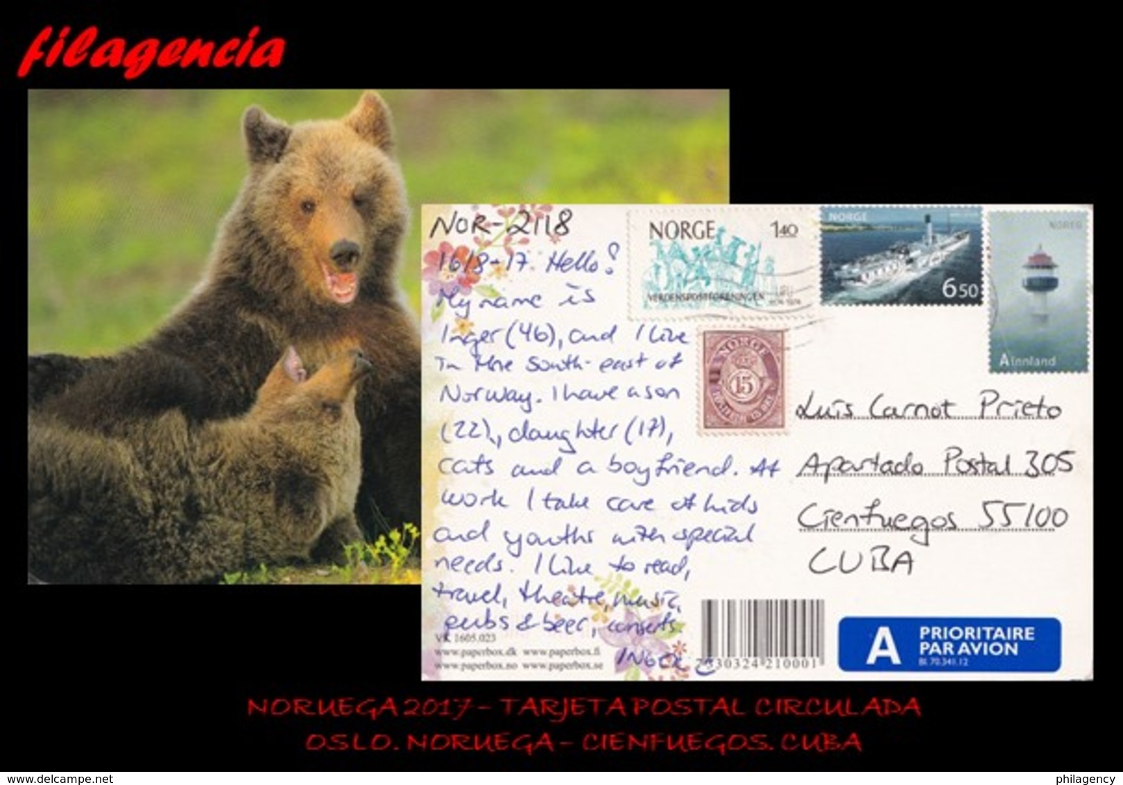 EUROPA. NORUEGA. ENTEROS POSTALES. TARJETA POSTAL CIRCULADA 2017. OSLO. NORUEGA-CIENFUEGOS. CUBA. FAROS. BARCOS. OSOS - Covers & Documents