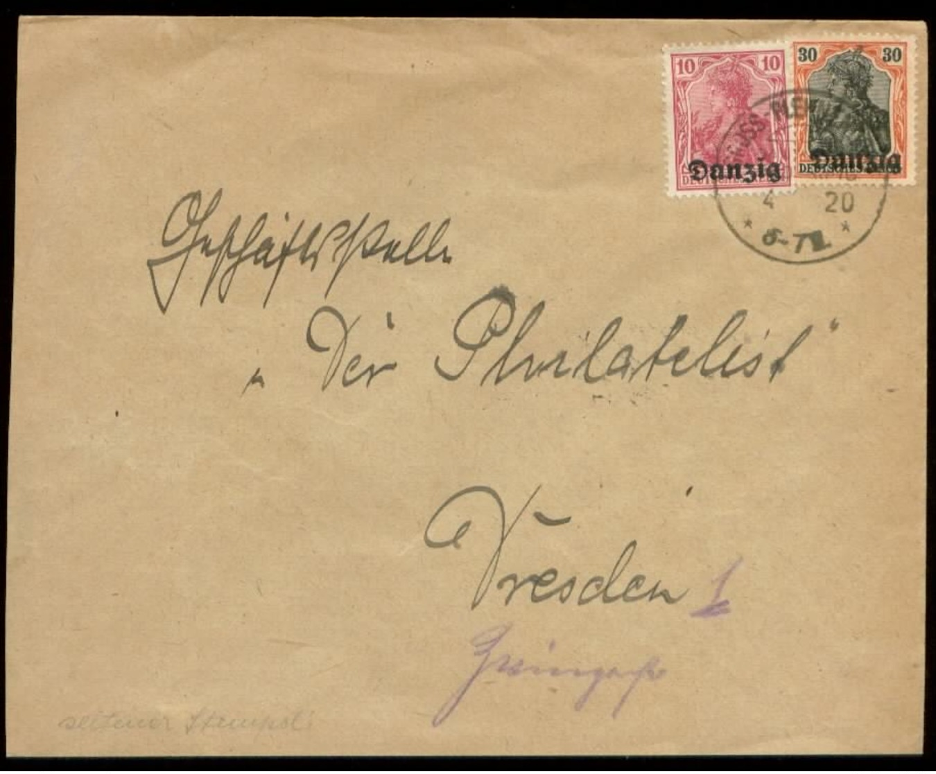 S8013 - Danzig Briefumschlag Mit Obersegmentstempel Gross Plehnendorf : Gebraucht - Dresden 1920, Seltener Stempel ,Be - Other & Unclassified