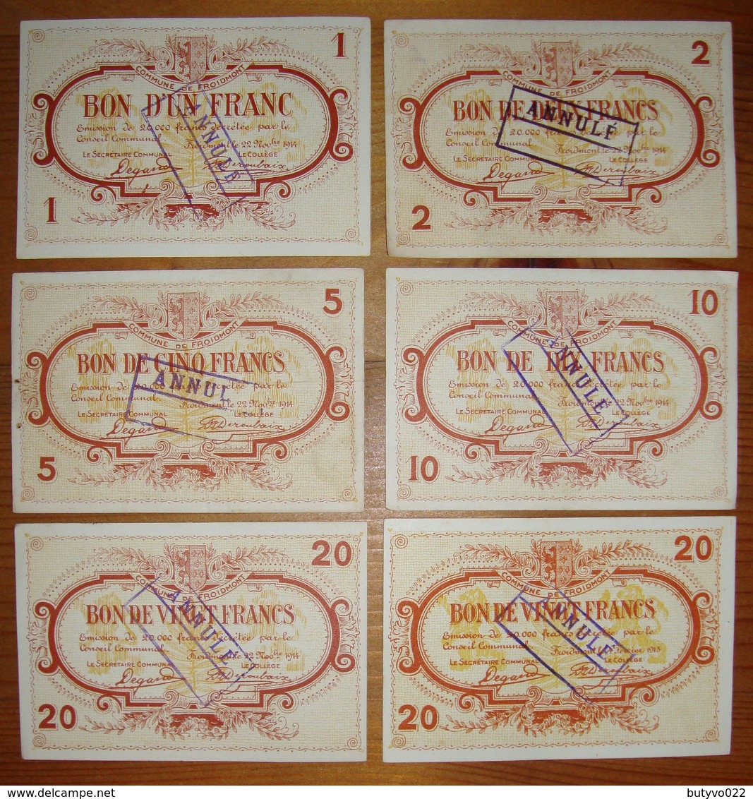 6 Billets De Nécessité. Froidmont (Tournai) 1 2 5 10 Et 20 Frs 22/11/14 Et 20 Frs 04/12/15. - Collections