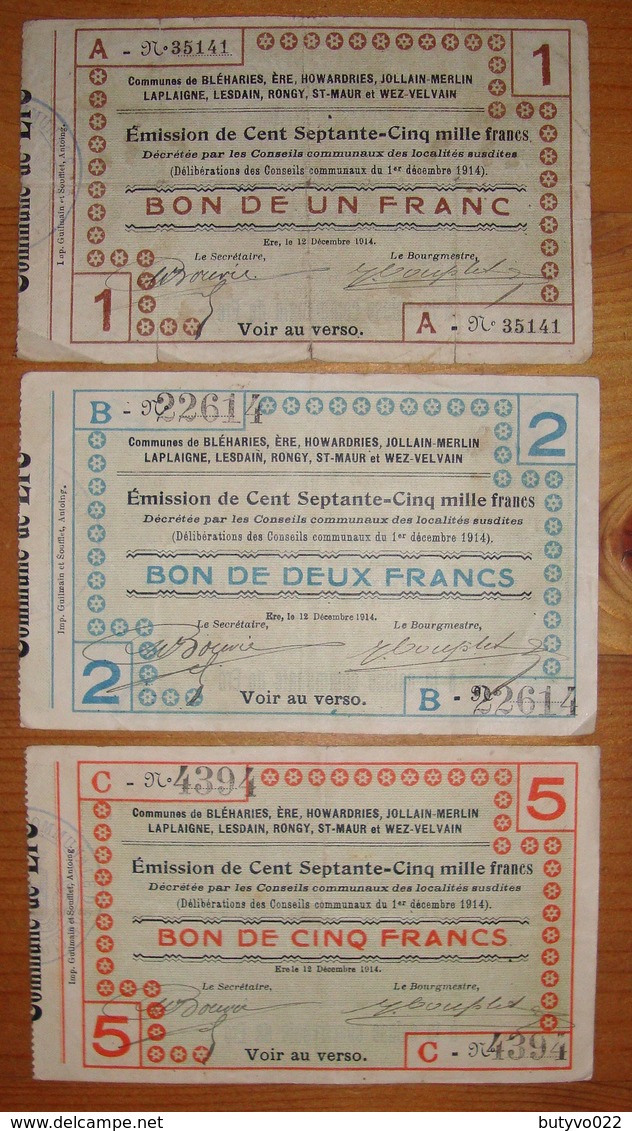 3 Billets De Nécéssité . Bléharies Ere Jollain Laplaigne Lesdain Rongy Wez .... 1 2 Et 5 Frs 01/12/14 - Collections