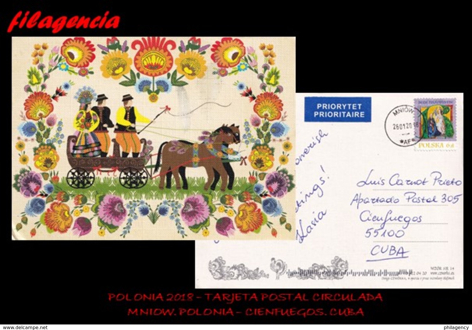 EUROPA. POLONIA. ENTEROS POSTALES. TARJETA POSTAL CIRCULADA 2018. MNIOW. POLONIA-CIENFUEGOS. CUBA. TRAJES TÍPICOS - Cartas & Documentos