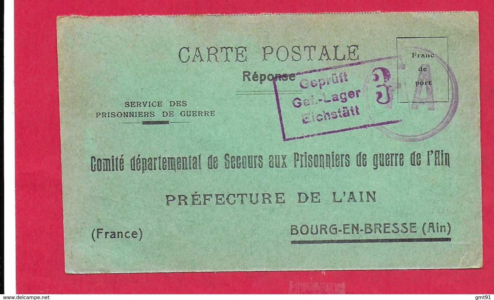 Carte Réponse Comité Départemental De Secours Aux Prisonniersde Guerre De L'AIN  Bourg En Bresse + Censure Eichstâtt - WW I