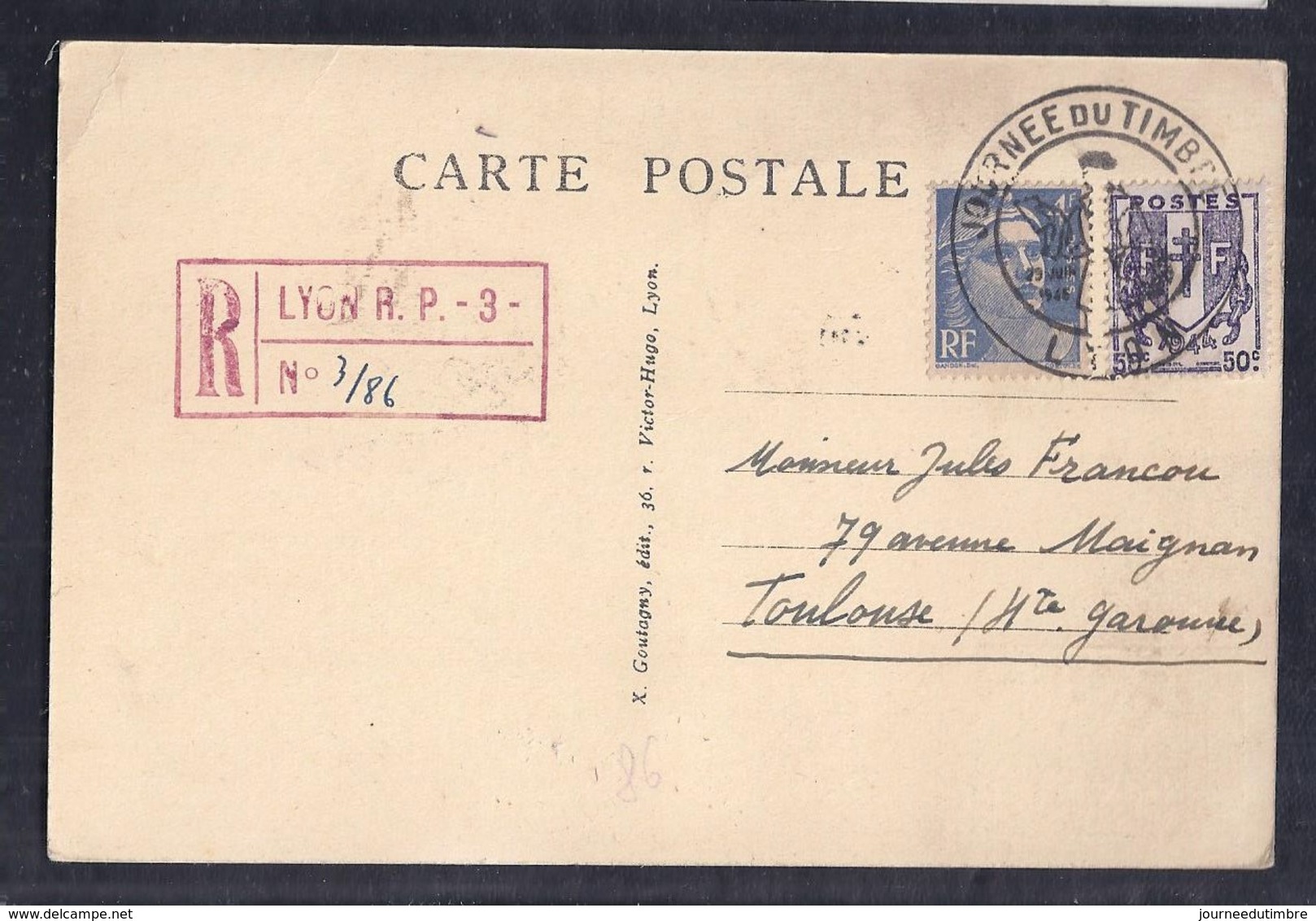 Carte Locale  Journee Du Timbre 1946 Lyon Recommandée Aviation Vignette - Lettres & Documents