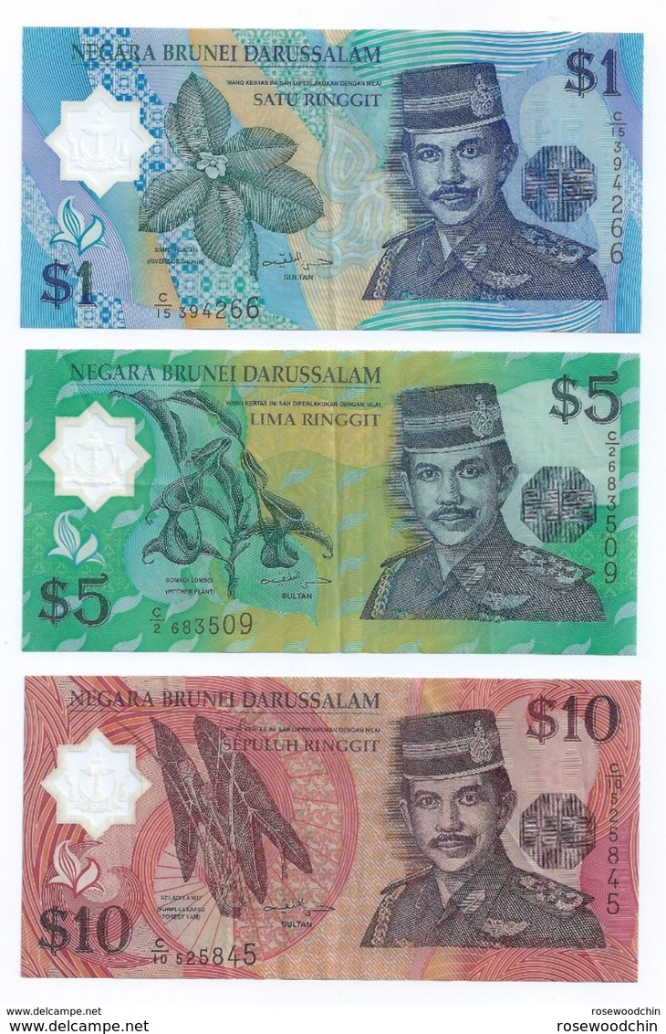 Set Of 3 Pcs. Brunei 1996 Sultan Polymer $1 $5 $10 Banknote (#114) - Brunei