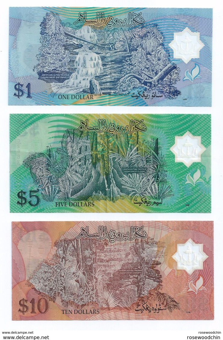 Set Of 3 Pcs. Brunei 1996 Sultan Polymer $1 $5 $10 Banknote (#114) - Brunei