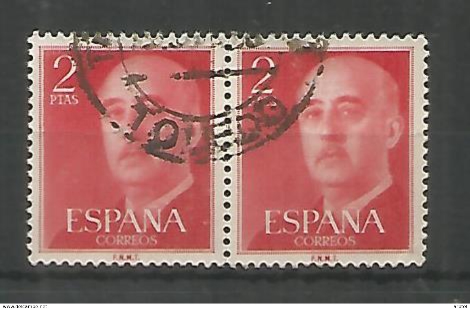 ESPAÑA BASICA FRANCO SELLO 2 PESETAS ROJO PAREJA MAT TOLEDO - Usados