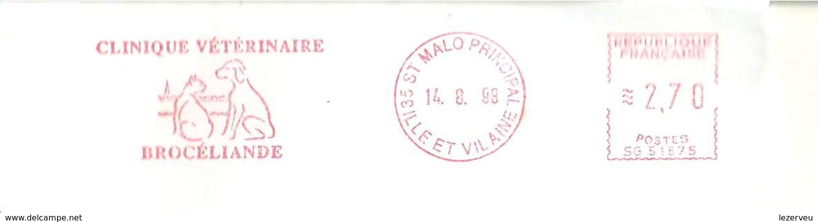 CACHET OBLITERATION FLAMME EMA SAINT ST MALO CLINIQUE VETERINAIRE BROCELIANDE   ENVELOPPE 22X11 - 1961-....