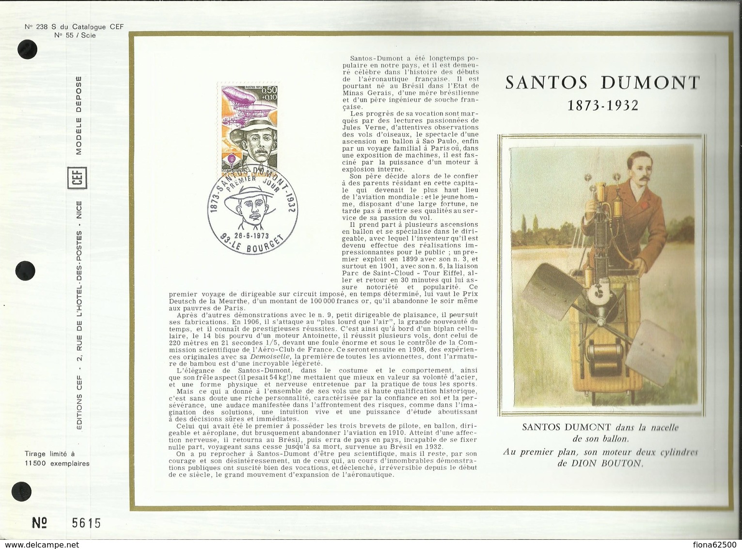 N° 238 S DU CATALOGUE CEF. N°: 55 /SOIE. SANTOS DUMONT . 26 MAI 1973 . LE BOURGET . - 1970-1979