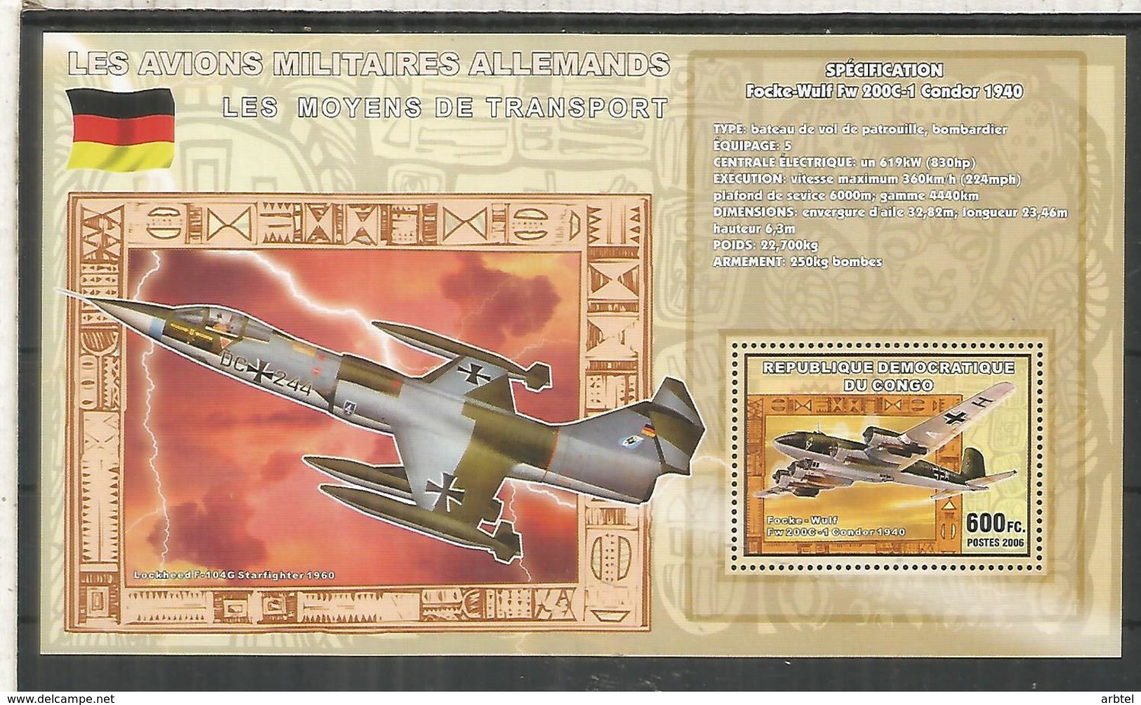 CONGO HOJITA AVION PLANE JET F-104 FOCKE GULF 1940 - Aviones