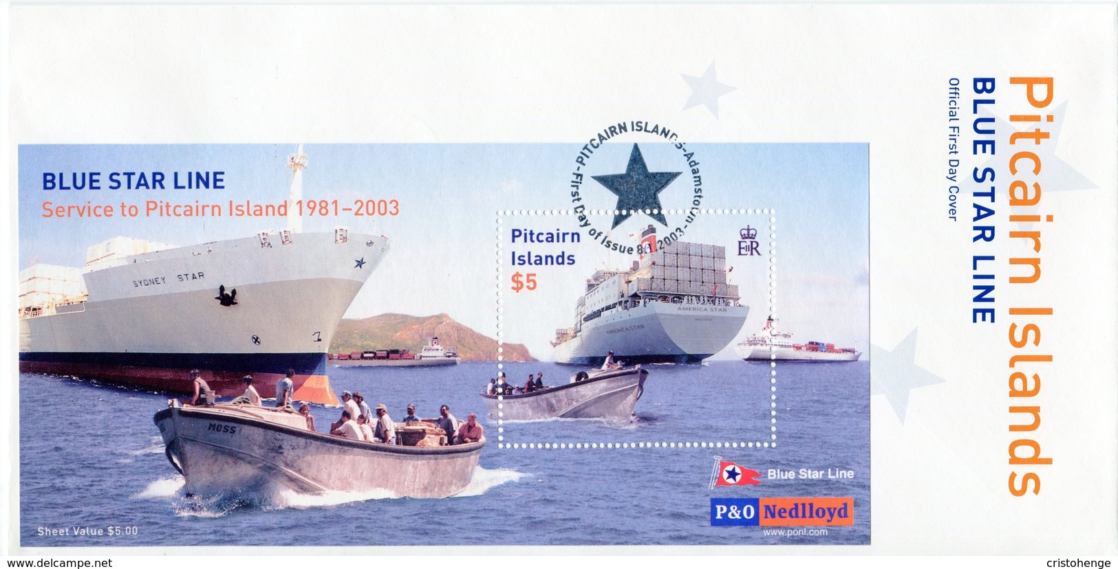 Pitcairn Islands 2003 21 Years Of Blue Star Line Service To Pitcairn FDC (SG MS636) - Pitcairninsel