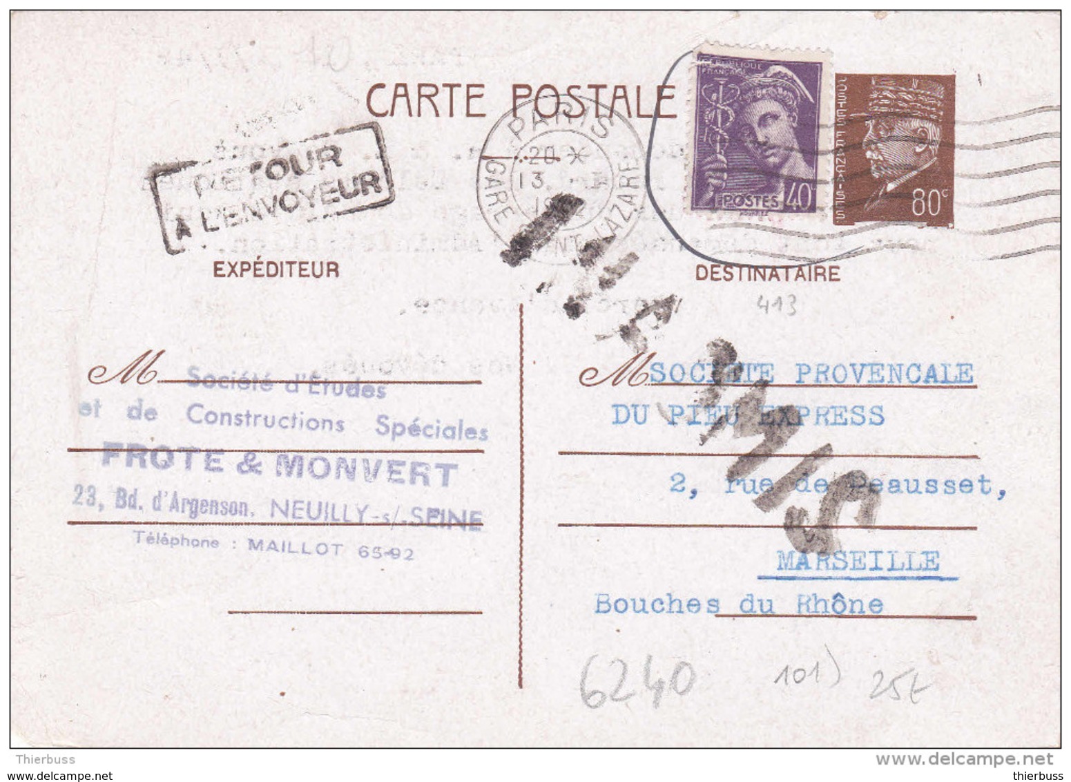 Carte Petain 80c Mercure 40c Paris Gare St Lazare Marseille 1942 Retour à L'envoyeur Inadmis Verso Texte Barrage  Baigts - Cartes Postales Types Et TSC (avant 1995)