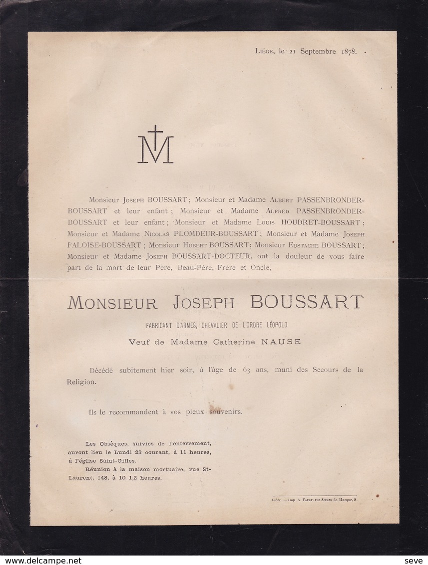 FABRICANT D'armes Liège Joseph BOUSSART Veuf NAUSE  63 Ans 1878 Familles HOUDRET PASSENBRONDER FALOISE - Overlijden