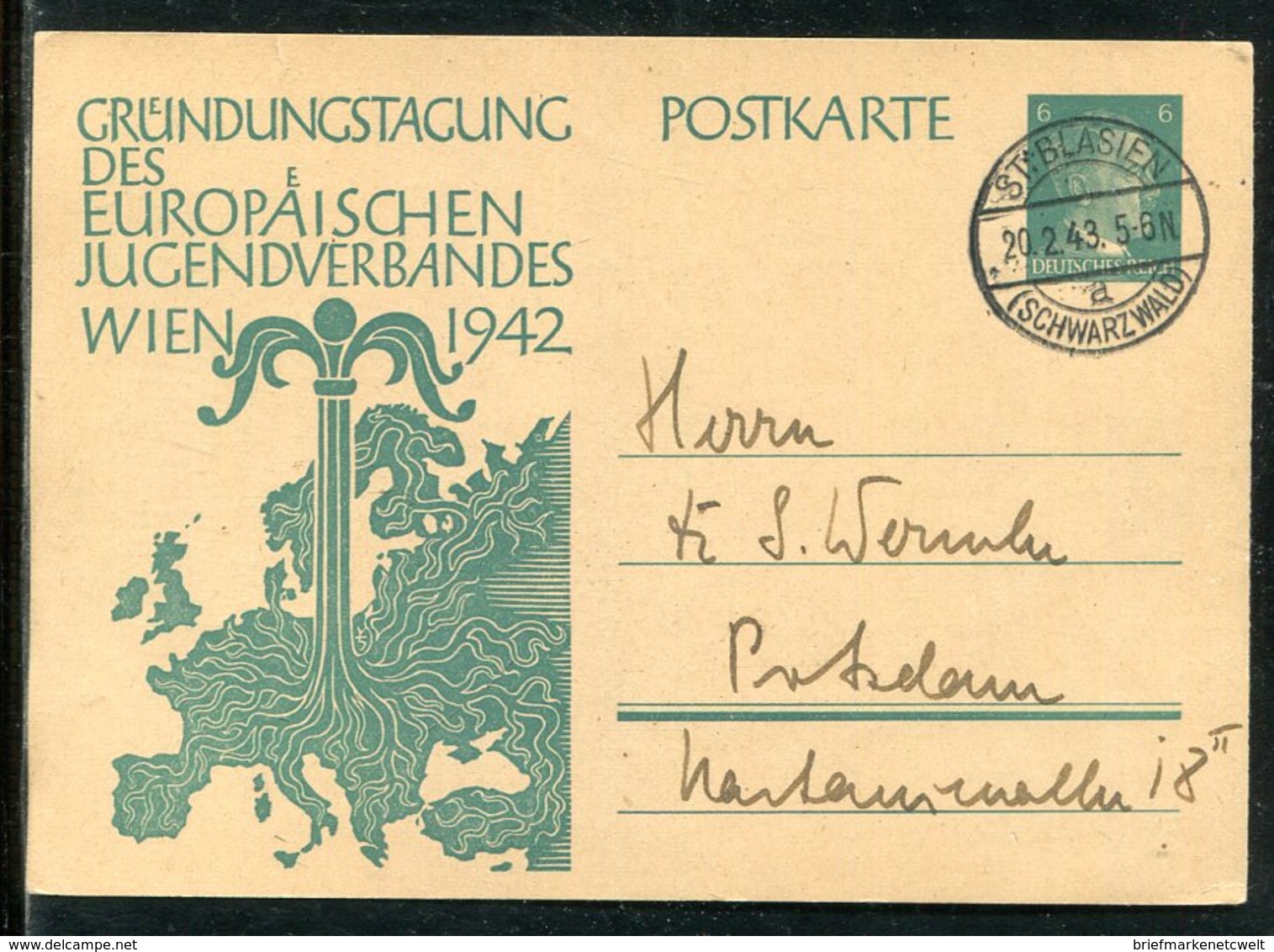 Deutsches Reich / 1943 / Sonderpostkarte "Europaeischer Jugendverband" Steg-Stempel St.Blasien (23565) - Sonstige & Ohne Zuordnung