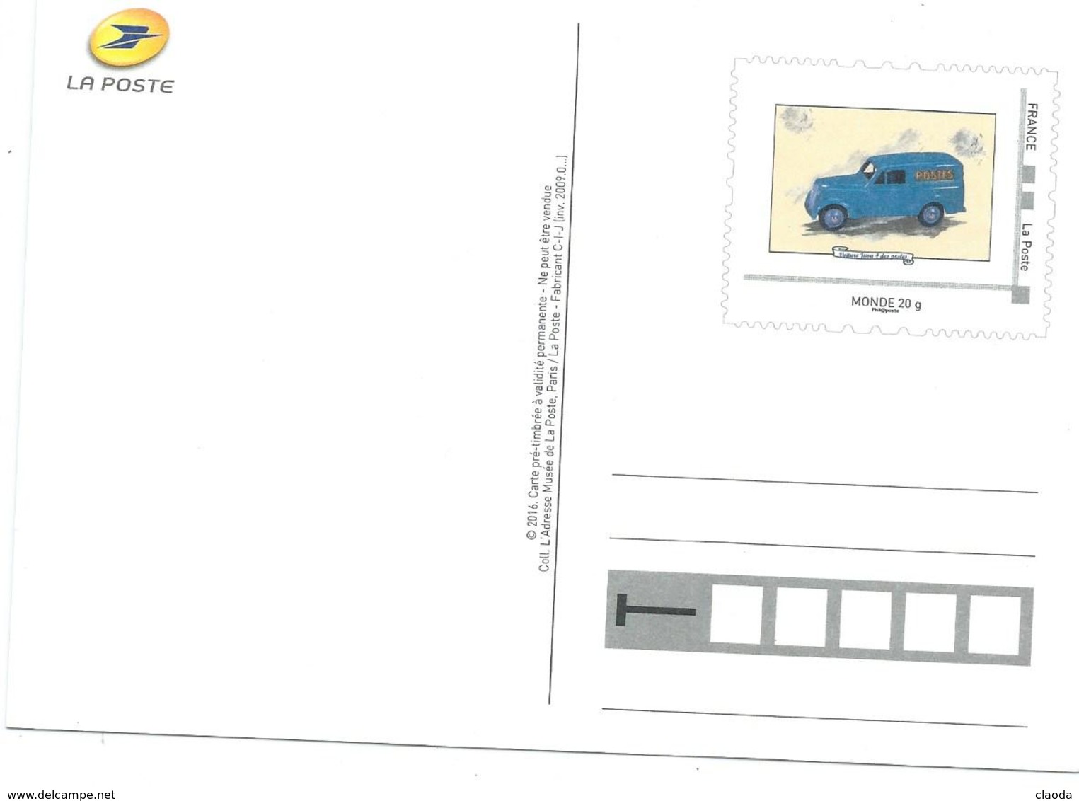 17180 - ENTIER POSTAL MONDE 20 Gr -VOITURE JUVA 4  DES POSTES   (2 Scans) - Documents De La Poste