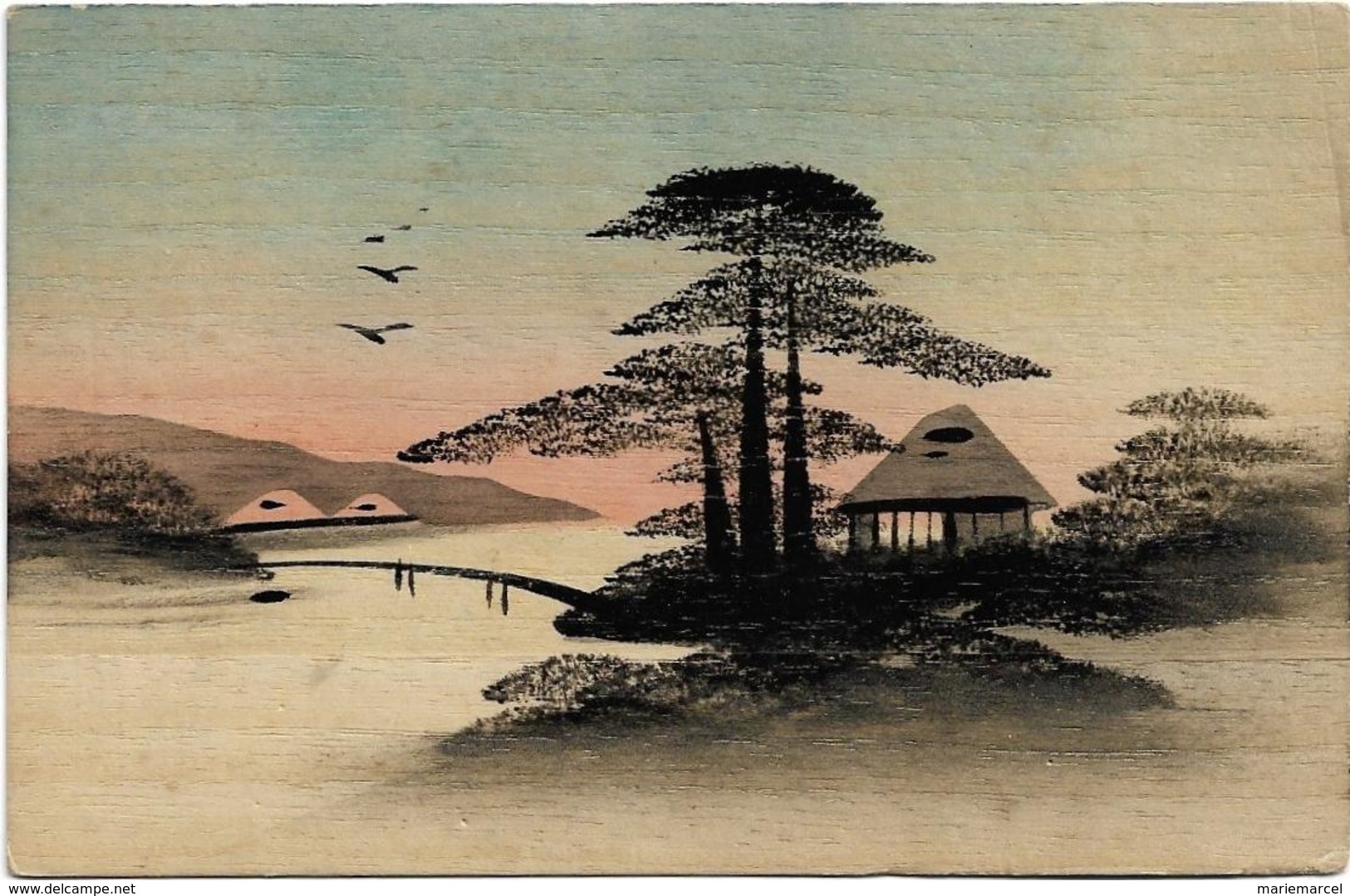 JAPON - JAPAN - PEINTURE  D'UN PAYSAGE SUR CARTE EN  BOIS - Other & Unclassified