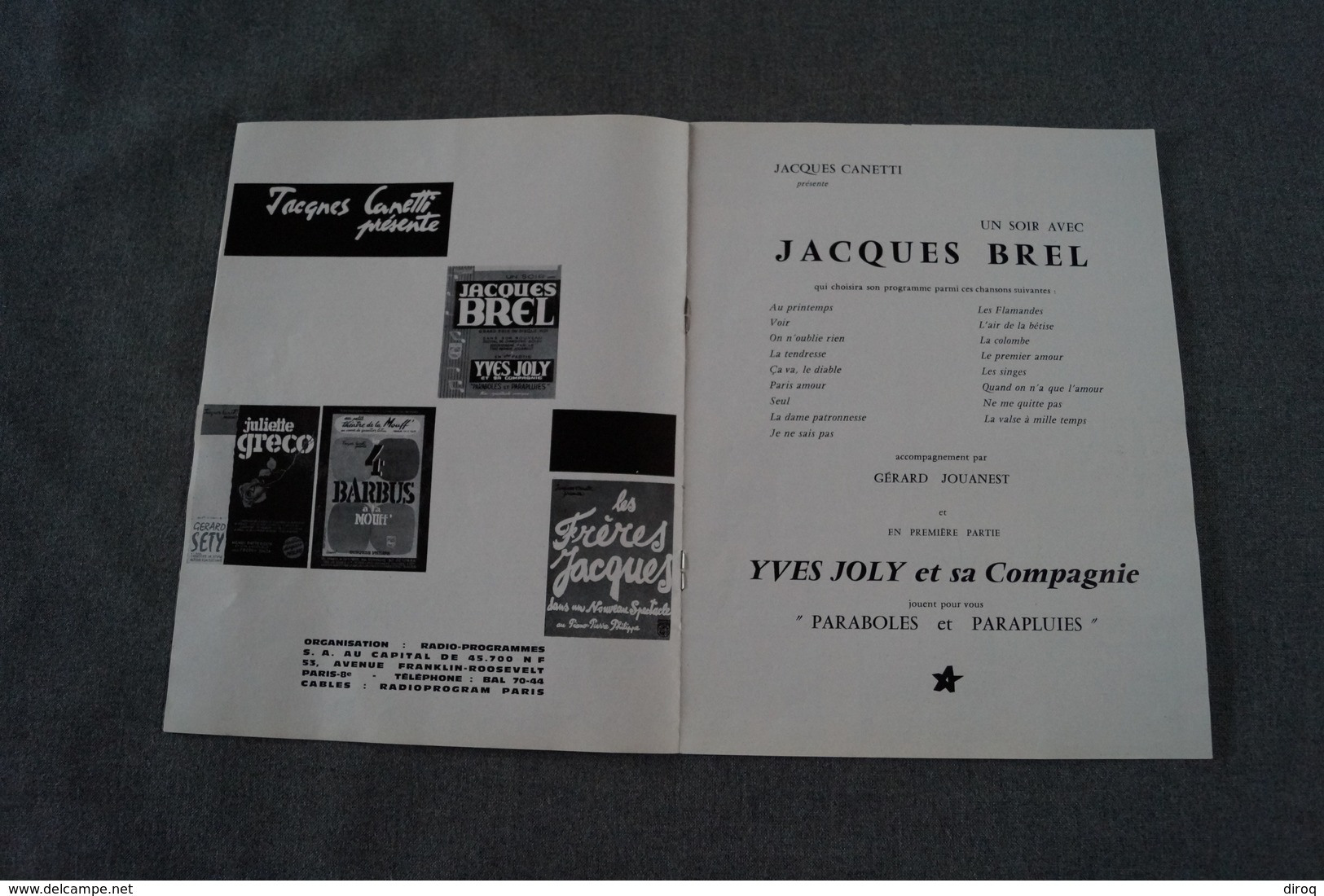 RARE,JACQUES BREL Superbe Programme Originale , Dédicace, Autographe,27 Cm. Sur 21 Cm. - Autres & Non Classés