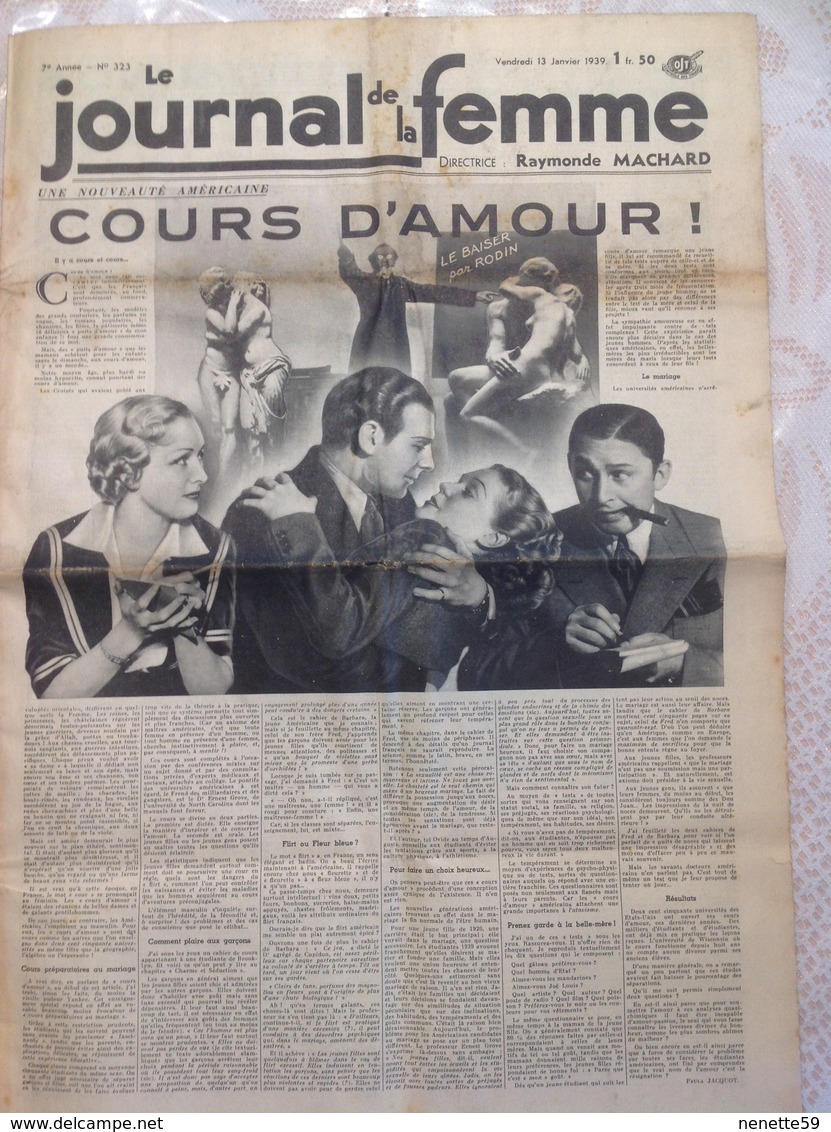 RARE !!!  LE JOURNAL DE LA FEMME N° 323 Du Vendredi 13 Janvier 1939 ( Cours D' Amour ) - Autres & Non Classés