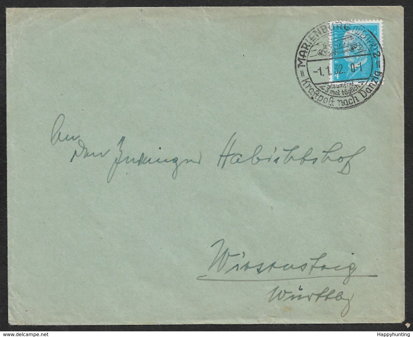 1932 - Dt.Reich 1.1.32 - EF Sonderstempel MARIENBURG KRAFTPOST NACH DANZIG - VISUMFREI A. 4 Pf (Mi.454) - Briefe U. Dokumente