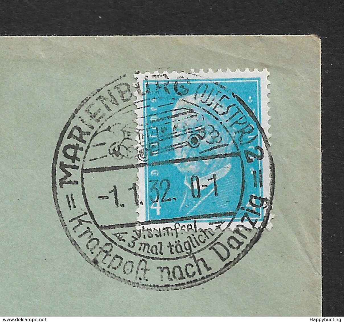 1932 - Dt.Reich 1.1.32 - EF Sonderstempel MARIENBURG KRAFTPOST NACH DANZIG - VISUMFREI A. 4 Pf (Mi.454) - Briefe U. Dokumente