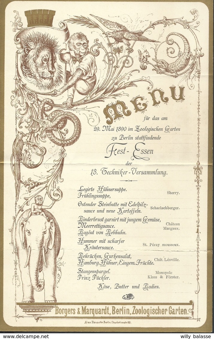 Menu 1890 Zoologischen Garten Berlin Illustré Lion écureuil éléphant + Tisch-karten - Menus