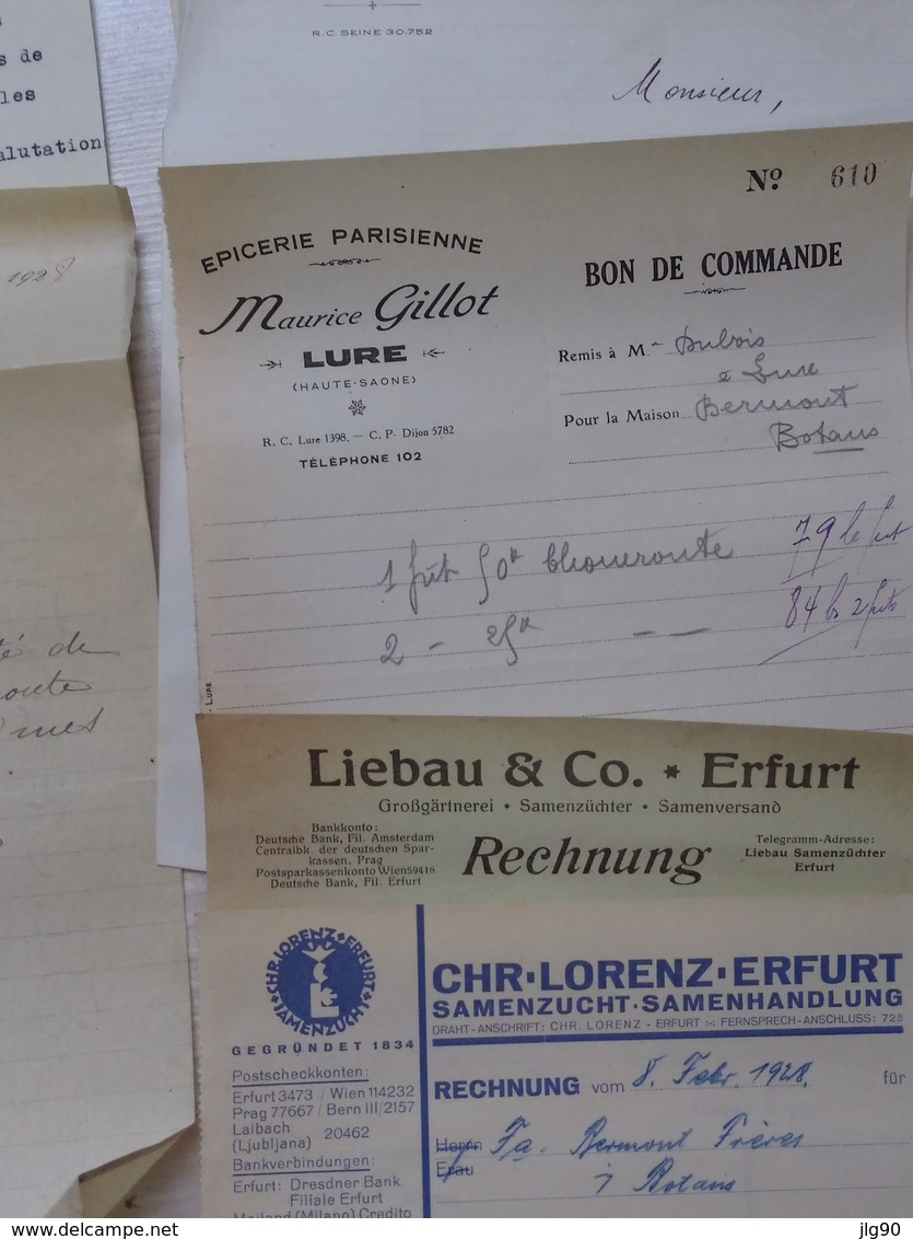 Lot 0,280kg ~ 60 Documents Commerciaux, Factures 1927-28, F-Comté, Paris (Renault),Allemagne, Vosges - 1900 – 1949