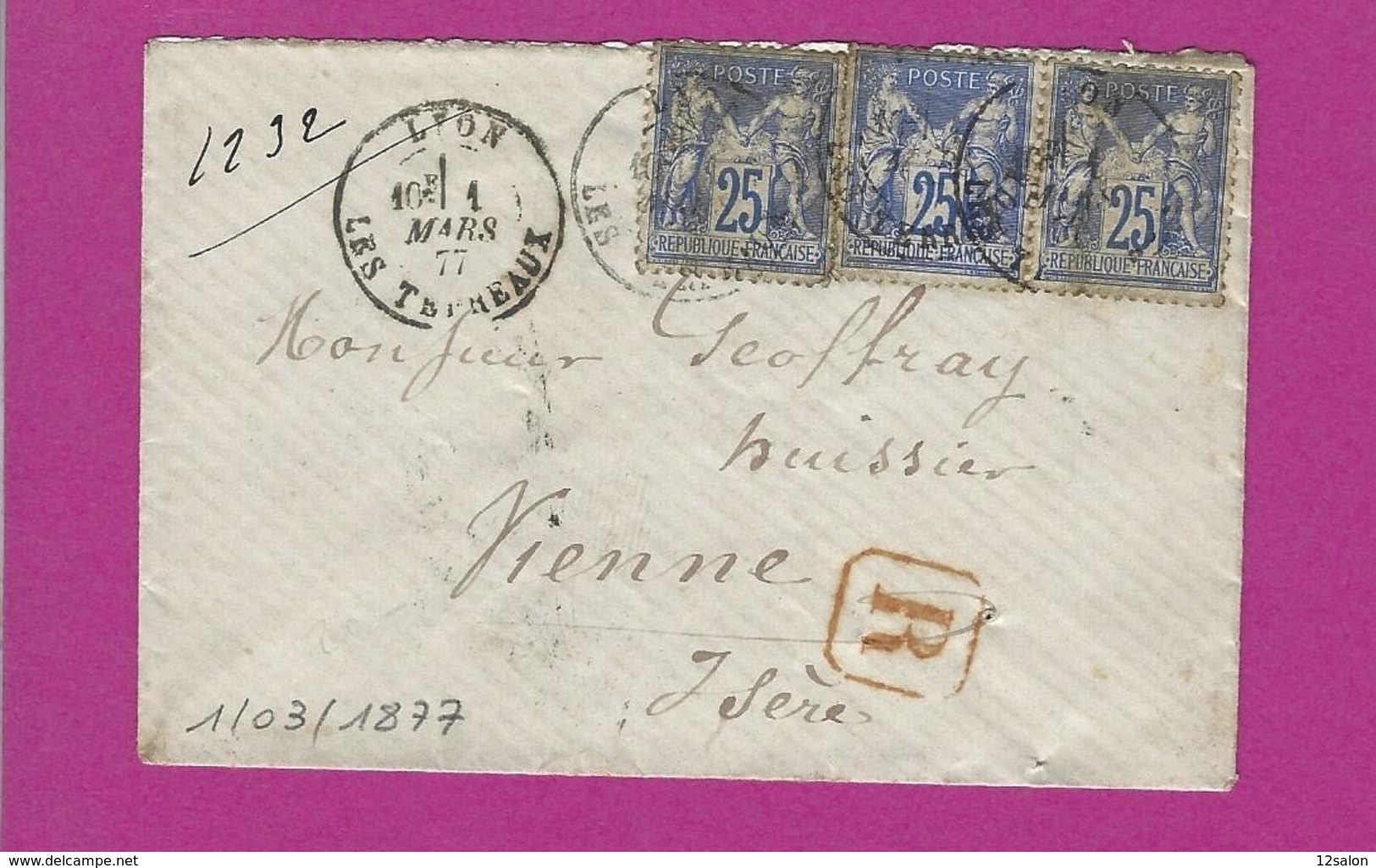 FRANCE Lettre Recommandée De LYON 1877 - 1877-1920: Période Semi Moderne