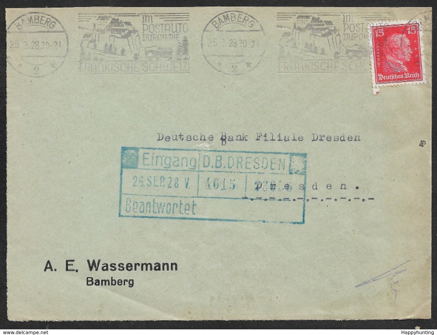 1928 - EF Fernbrief 15Pfg (Mi.391) SonderStpl.25.9.28 BAMBERG - IM POSTAUTO DURCH DIE FRÄNKISCH SCHWEIZ - Portogerecht - Briefe U. Dokumente