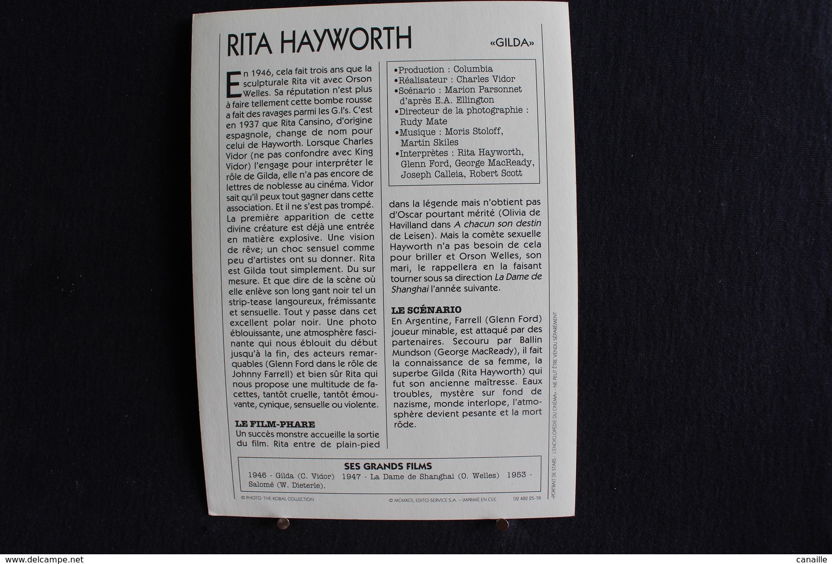 Sp-Actrice/ 1946 - Rita Hayworth - Américaine, Née En 1918 à New York Et Morte En 1987 Dans La Même Ville - Schauspieler