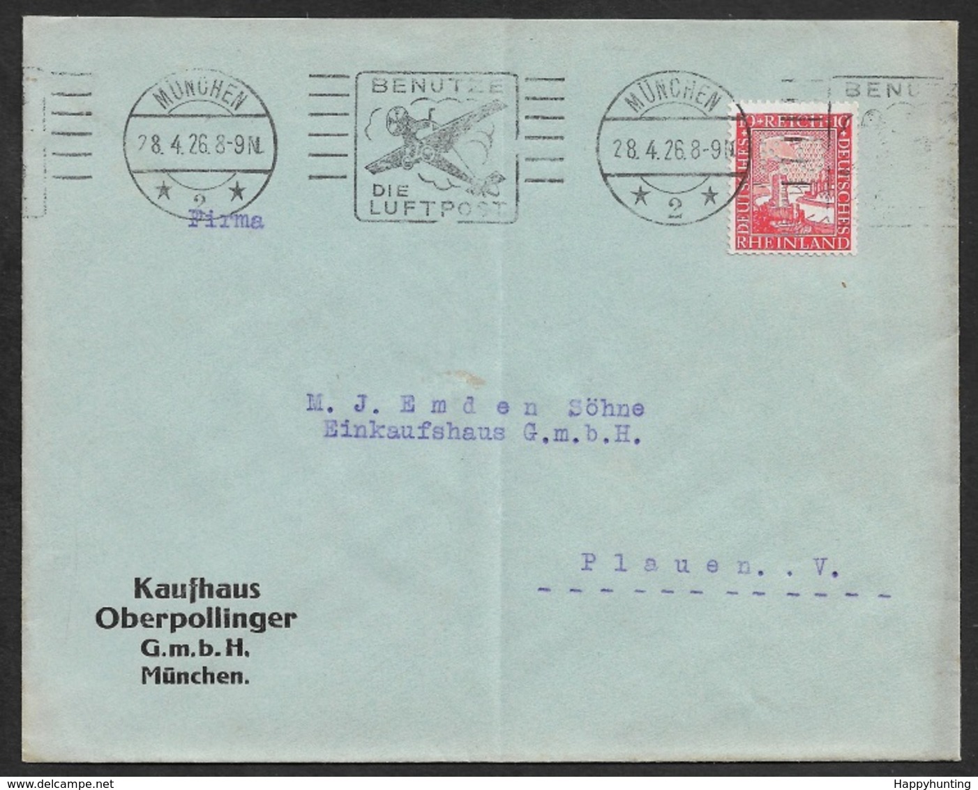 1926 - EF Fernbrief 15Pfg (Mi.373) 28.4.26 SonderStpl. BENUTZTE DIE LUFTPOST (Abb.FLugzeug)  - Lochung Perfin K.O - Briefe U. Dokumente