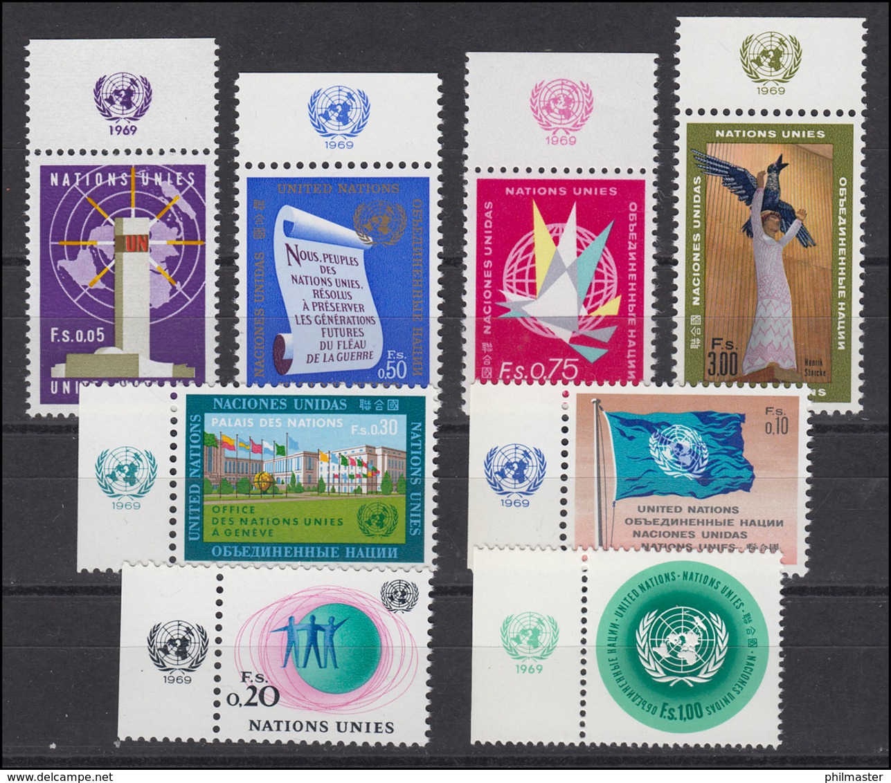 1-8 UNO Genf Jahrgang 1969 Komplett - Mit TAB, Postfrisch - Autres & Non Classés