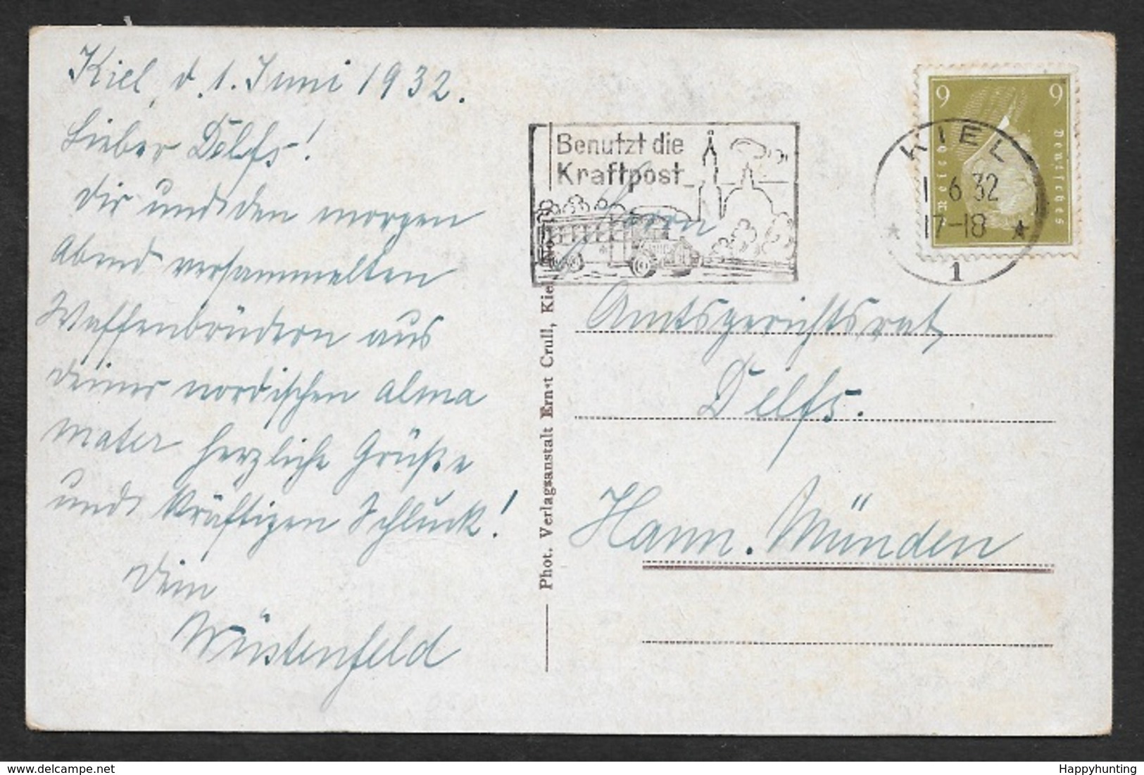 1932 - Dt.Reich 1.16.32 - KIEL Sonderstempel BENUTZT DIE KRAFTPOST A. 6 Pf (Mi.465) - Briefe U. Dokumente