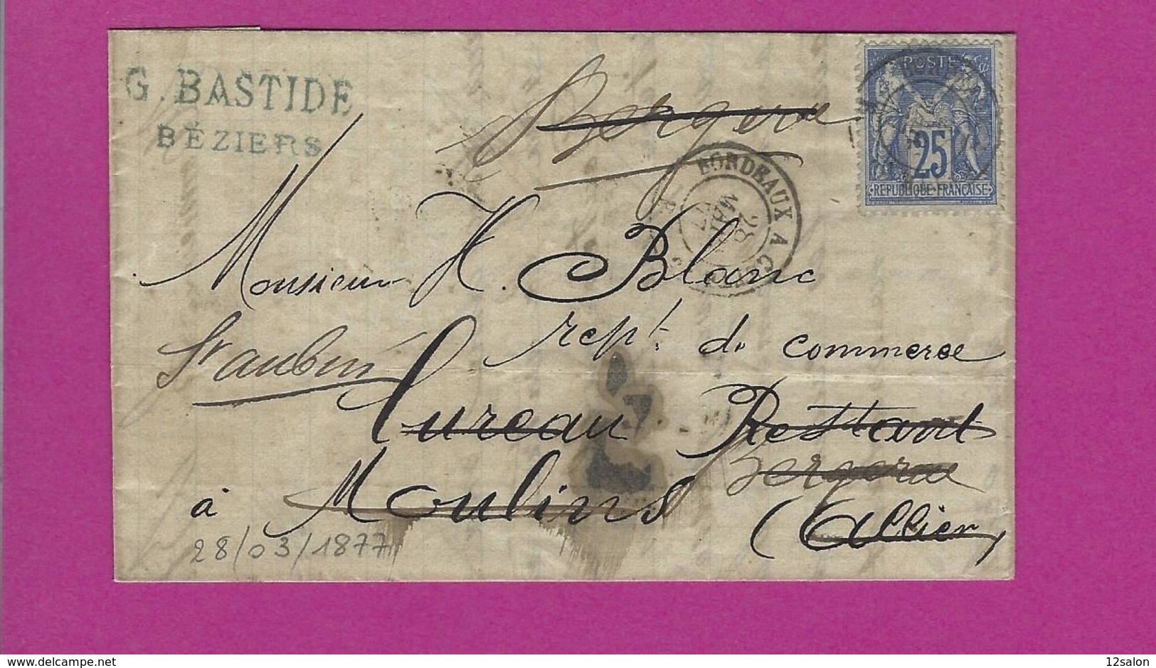 FRANCE Lettre Type SAGE De BEZIERS Cachet BORDEAUX A CETTE 1877 - 1877-1920: Période Semi Moderne