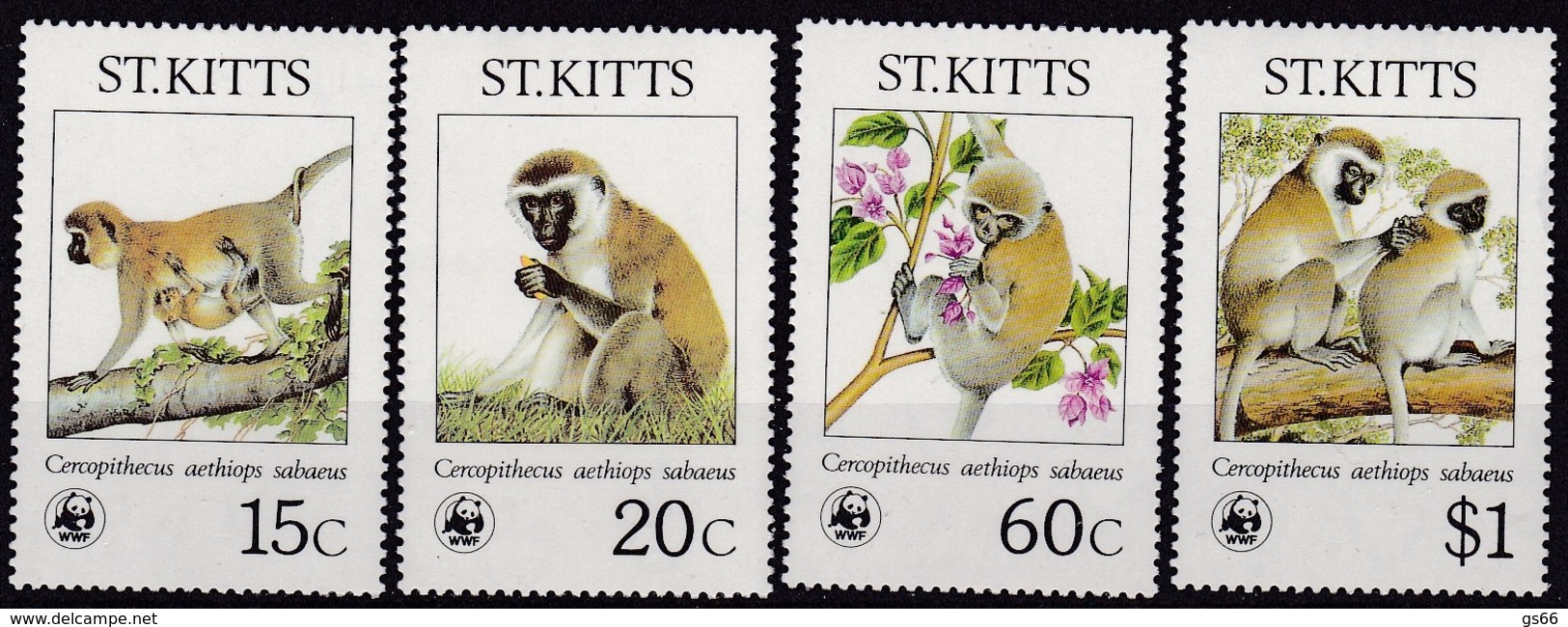 1986,St. Kitts, 184,87,  WWF. Weltweiter Naturschutz: Meerkatzen., Worldwide Nature Conservation: Monkeys. MNH ** - St.Kitts Und Nevis ( 1983-...)