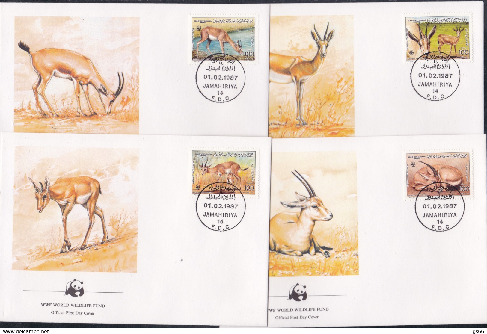 Lybien, 1987, 1753/56,  WWF. Weltweiter Naturschutz: Gazelle,  Global Nature Conservation: Gazelle, FDC - Libyen