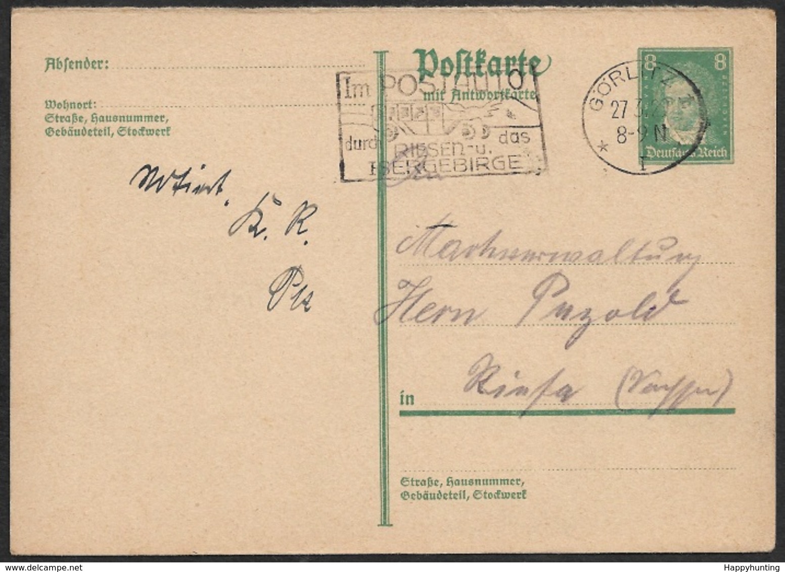 1929 - GS 8Pfg (Mi.PP104) SonderStpl 27.3.29. GÖRLITZ - IM POSTAUTO DURCH DAS RIESENGEBIRGE - Sonstige & Ohne Zuordnung