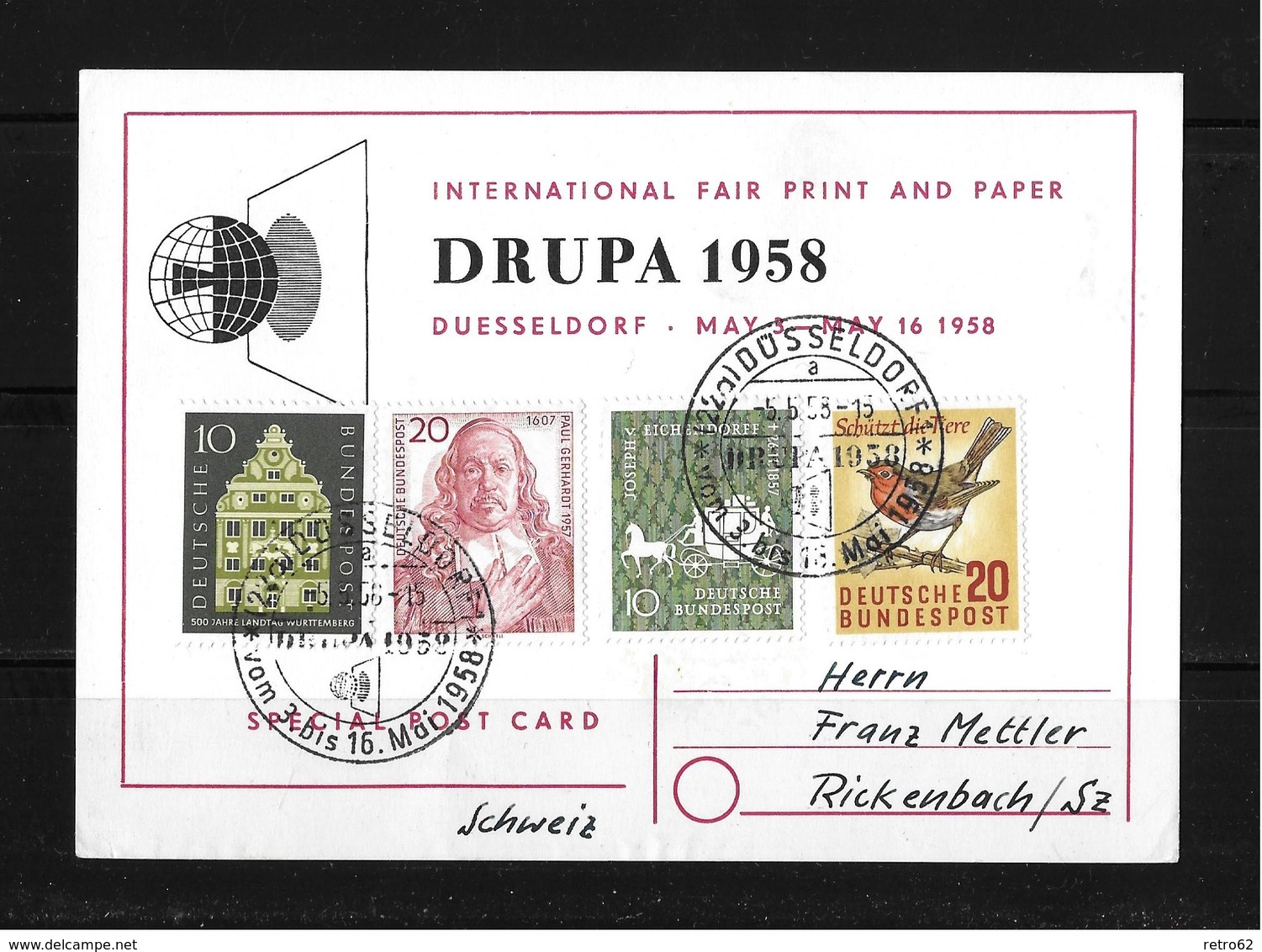 1958 DRUPA → INTERNATIONAL FAIR PRINT AND PAPER DÜSSELDORF (special Postcard) - Lettres & Documents