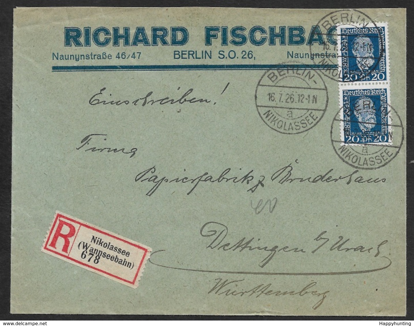 1926 - Dt.Reich - 16.7.26 MeF Fernbrief 2 X 20Pf (Mi.369) - R-zettel NIKOLASSEE WANNSEEBAHN - Kleines Postamt - Briefe U. Dokumente