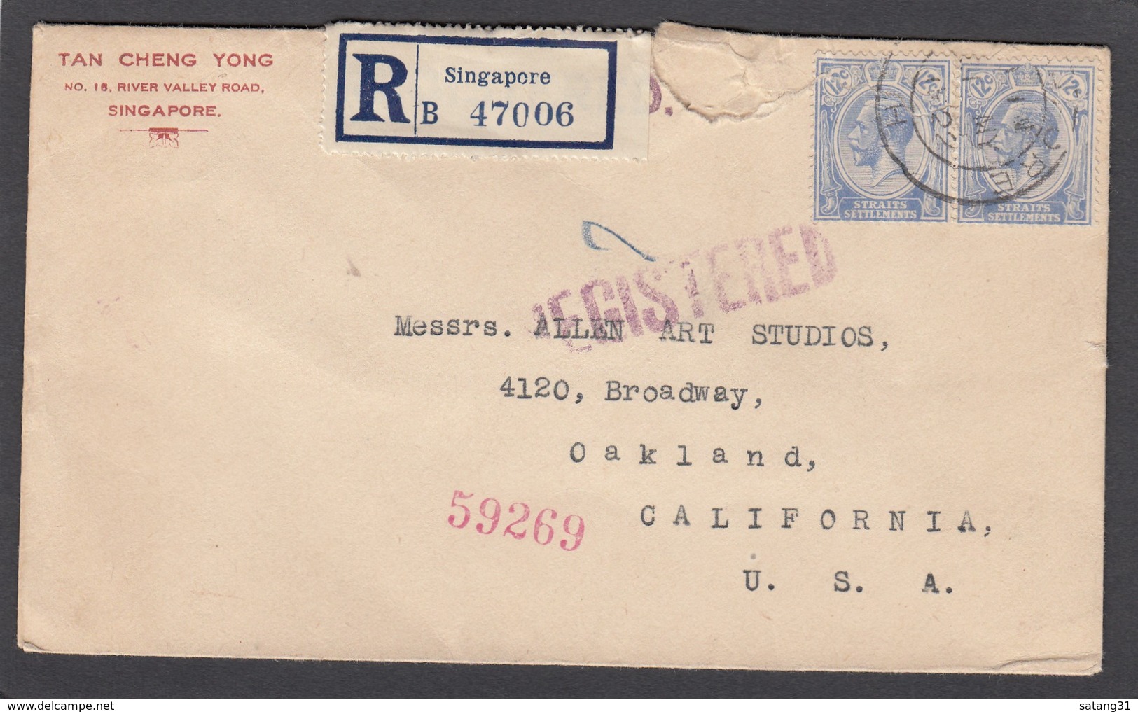 REGISTRED COVER FROM SINGAPORE TO U.S.A./LETTRE RECO. DE SINGAPOUR POUR LES U.S.A. - Straits Settlements