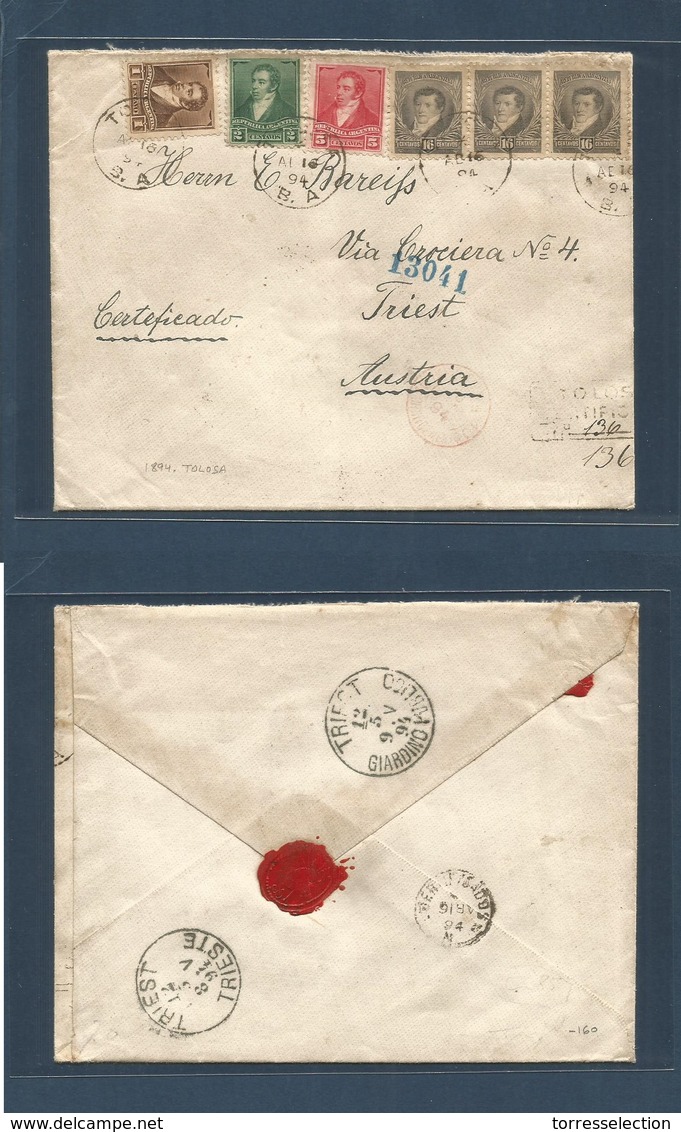 ARGENTINA. 1894 (Apr 10) Tolosa - Austria, Tirest (12 May) Registered Mixed Multifkd Envelope, Incl 16c Ship Of These At - Sonstige & Ohne Zuordnung