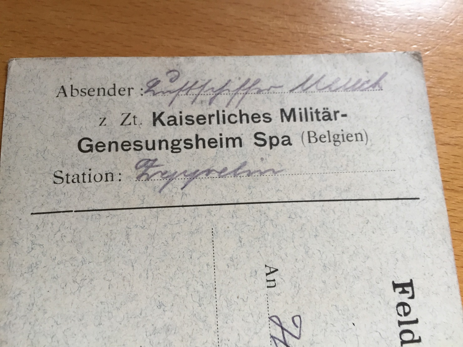 FELDPOST 1. WK  LUFTSCHIFFER Z.ZT. KAISERLICHES MILITÄR GENESUNGSHEIM SPA  Station ZEPPELIN  1918 - Briefe U. Dokumente