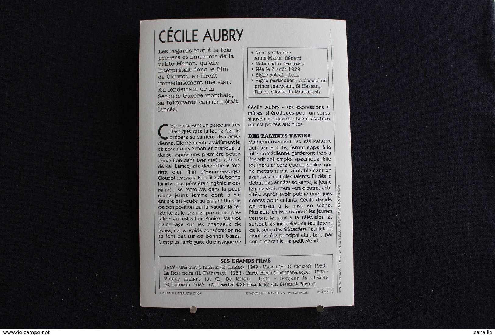 Sp-Actrice,Française - 1950 - Cécile Aubry, Née En 1928 à Paris, Morte En  2010 à Dourdan, France - Acteurs