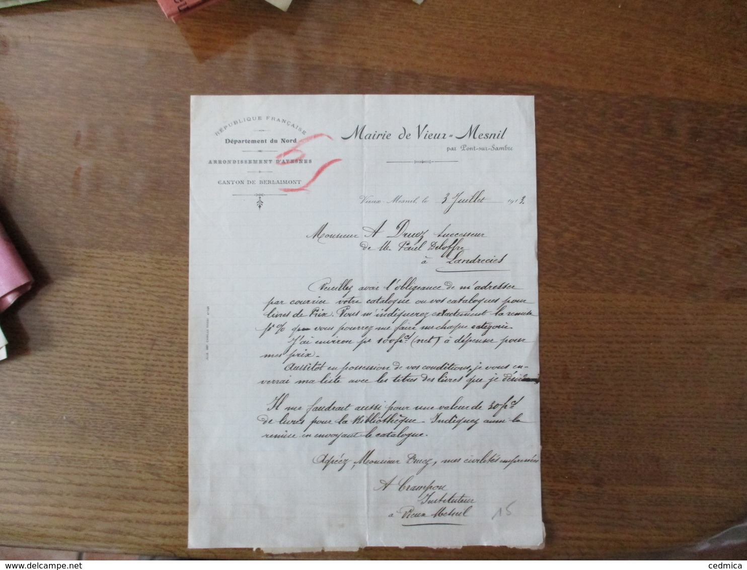 MAIRIE DE VIEUX-MESNIL COURRIER DU 3 JUILLET 1913 L'INSTITUTEUR A. CRANPON - Documents Historiques