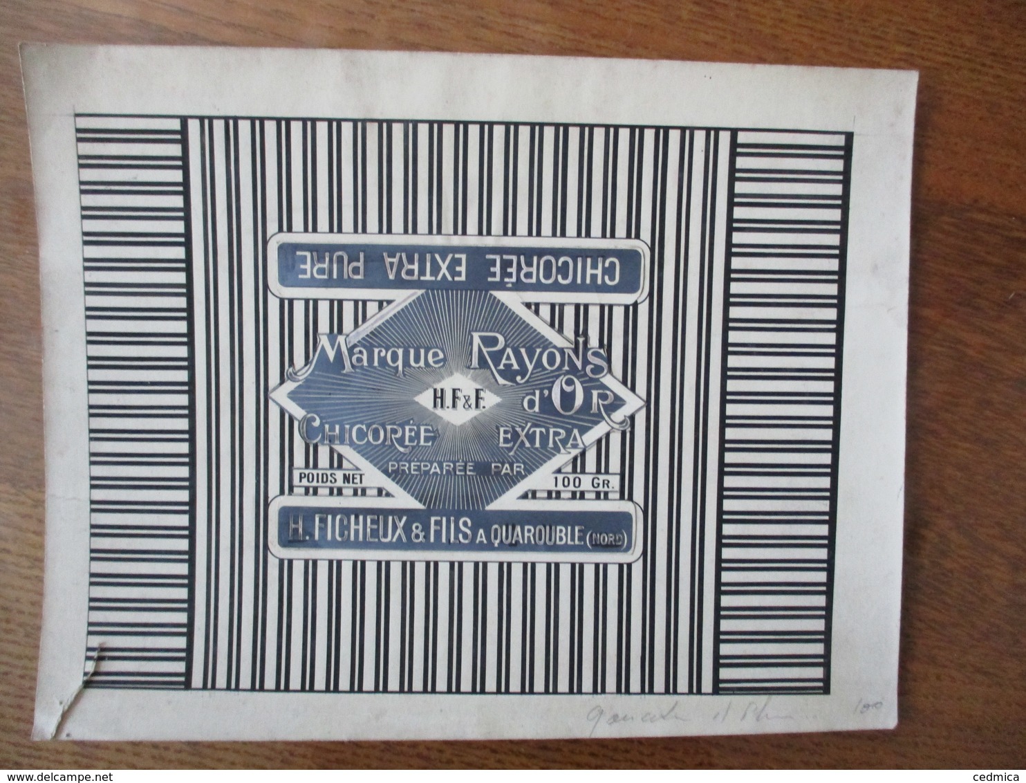 H. FICHEUX & FILS A QUAROUBLE NORD MARQUE RAYON D'OR CHICOREE EXTRA PURE (EPREUVE) 23cm/17,5cm - Publicités