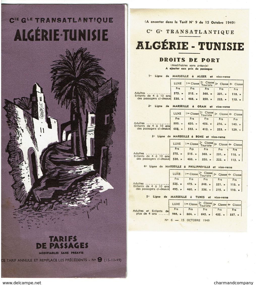 1949 - Compagnie Générale Transatlantique ALGERIE - TUNISIE - Tarifs De Passages - 2 Scans - Autres & Non Classés
